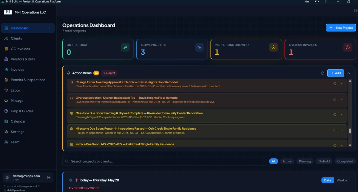 M-II Build action-items inbox showing overdue selections and pending change orders