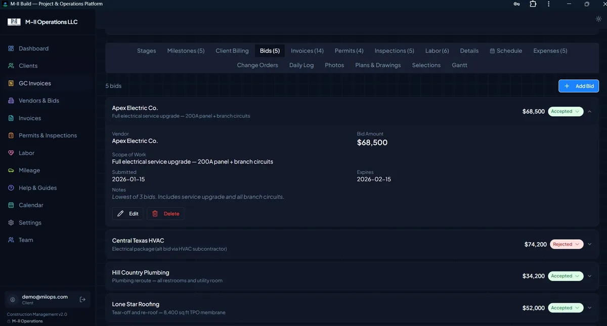 M-II Build bids and RFQs screen with vendor responses scored side by side