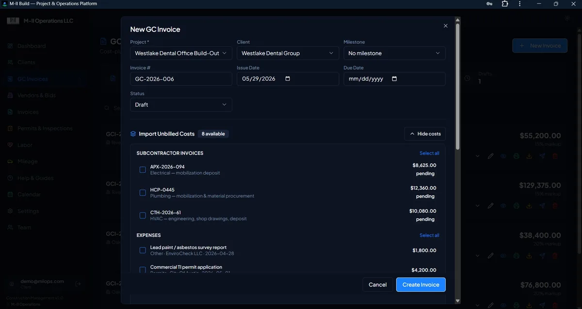 M-II Build GC invoice screen pulling in unbilled subcontractor costs and expenses