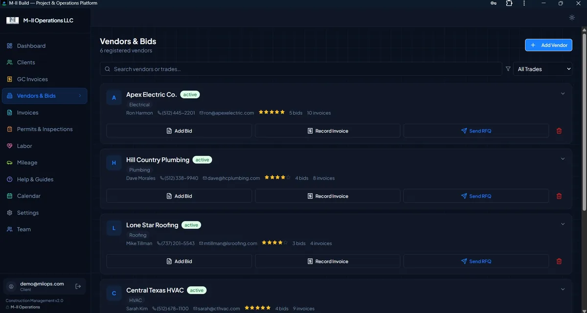M-II Build vendor and trade directory with star ratings and contact history