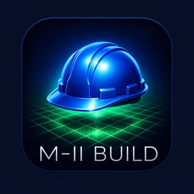 M-II Build app icon: blue hard hat on a glowing green grid