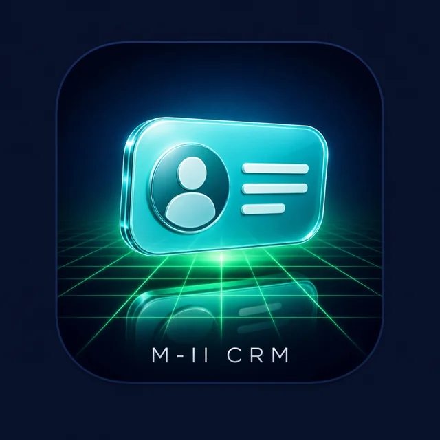 M-II CRM app icon: teal contact card on a glowing green grid
