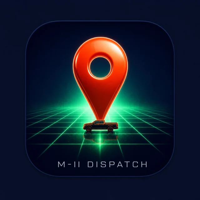 M-II Dispatch app icon: orange location pin over a truck on a glowing green grid