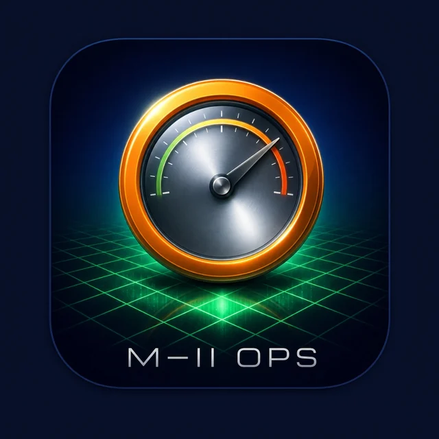 M-II Ops app icon: orange-rimmed dashboard gauge on a glowing green grid