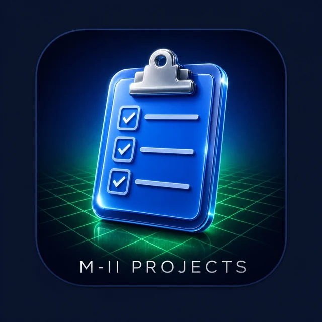 M-II Projects app icon: blue clipboard with green checkmarks on a glowing grid