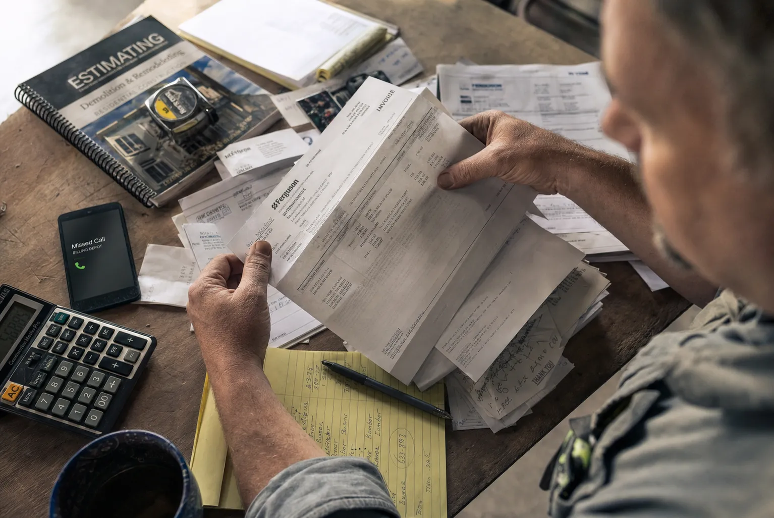 Owner-operator surrounded by stacks of vendor invoices, a missed-call notification on the phone, and a yellow legal pad: the chaos M-II Build replaces.